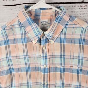 Brooks Brothers Regent Irish Linen Plaid Shirt XL Regent Fit Orange Blue SS
